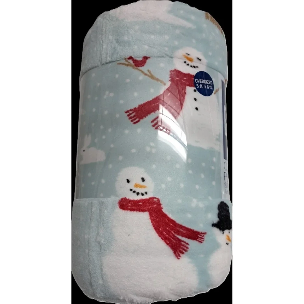 Christmas Plush‎ Throw Blanket 5' x 6', Soft and Cozy, Lt Blue, Snowman Design
